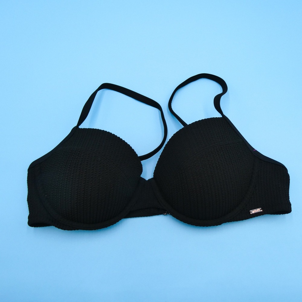 PINK Bikini Top Womens Large Smocked Push Up Black Underwire Textured Polyester
